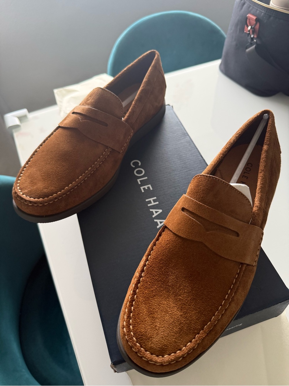 Cole Haan Men’s Suede Penny Loafers in Chestnut Brown